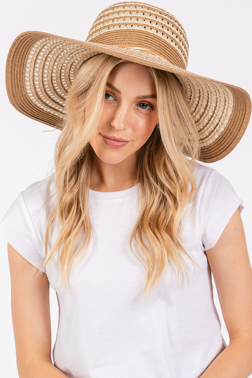 Striped Pattern Wide Brim Floppy Hat Taupe - Pack of 6