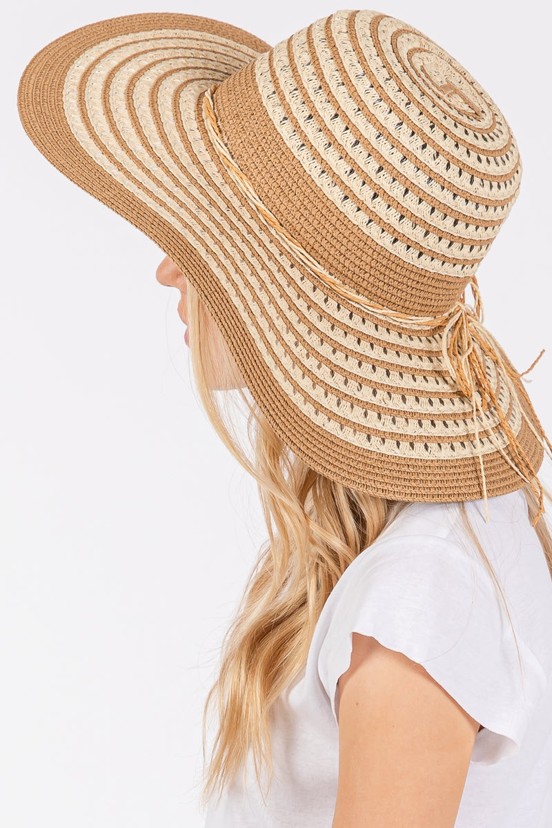 Striped Pattern Wide Brim Floppy Hat Taupe - Pack of 6