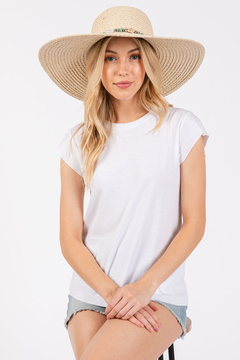 Wide Brim Floppy Sun Hat with Turquoise Stone and Starfish Band Beige - Pack of 6