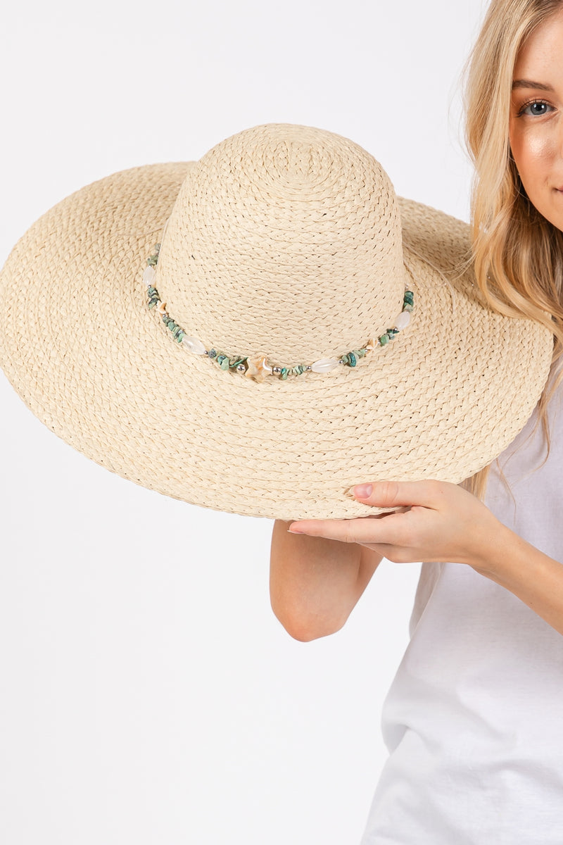 Wide Brim Floppy Sun Hat with Turquoise Stone and Starfish Band Beige - Pack of 6