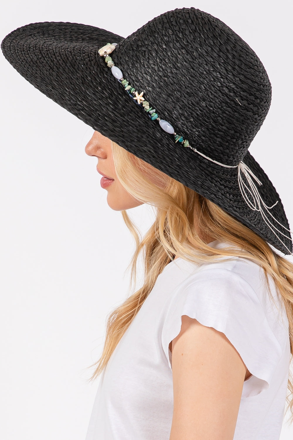 Wide Brim Floppy Sun Hat with Turquoise Stone and Starfish Band Black - Pack of 6