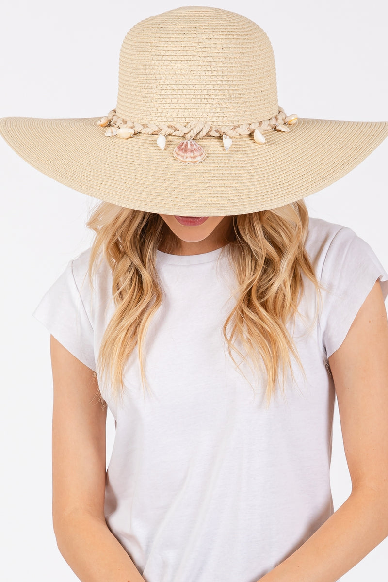 Wide Brim Straw Sun Hat with Shell and Conch Braided Band Beige - Pack of 6