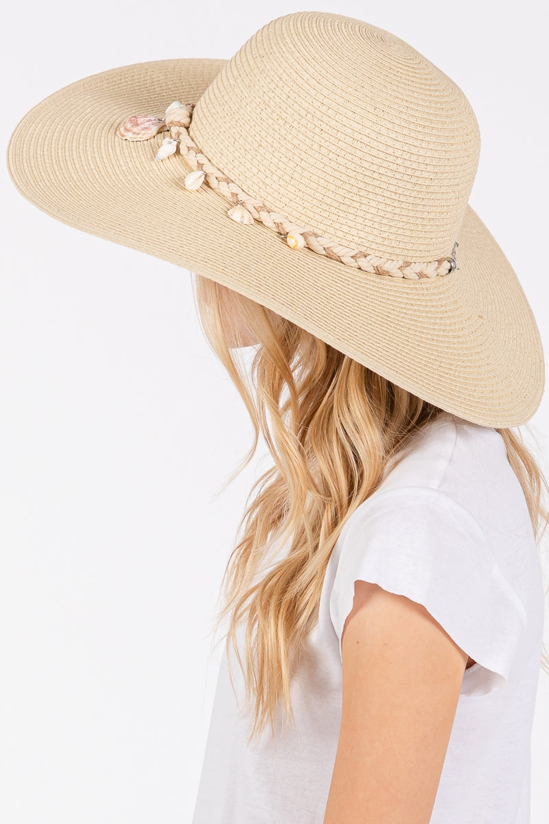 Wide Brim Straw Sun Hat with Shell and Conch Braided Band Beige - Pack of 6