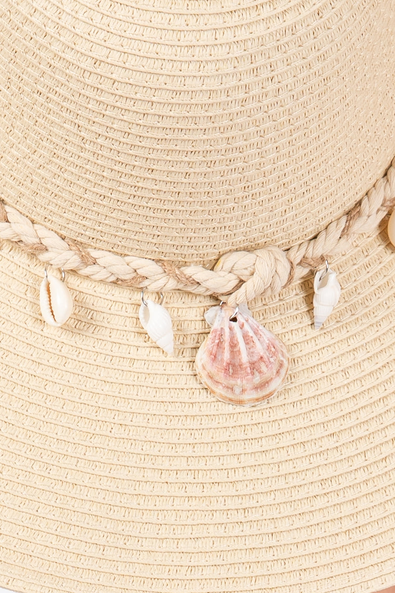 Wide Brim Straw Sun Hat with Shell and Conch Braided Band Beige - Pack of 6