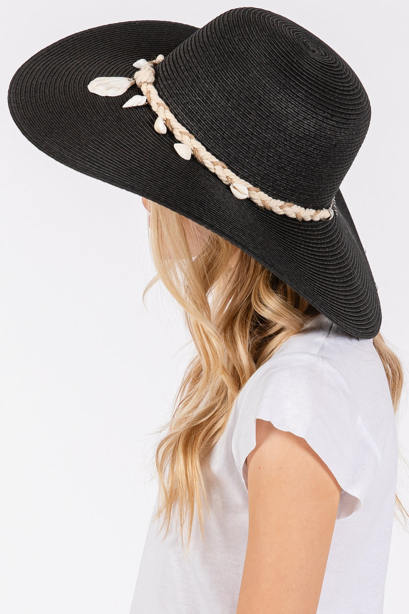 Wide Brim Straw Sun Hat with Shell and Conch Braided Band Black - Pack of 6