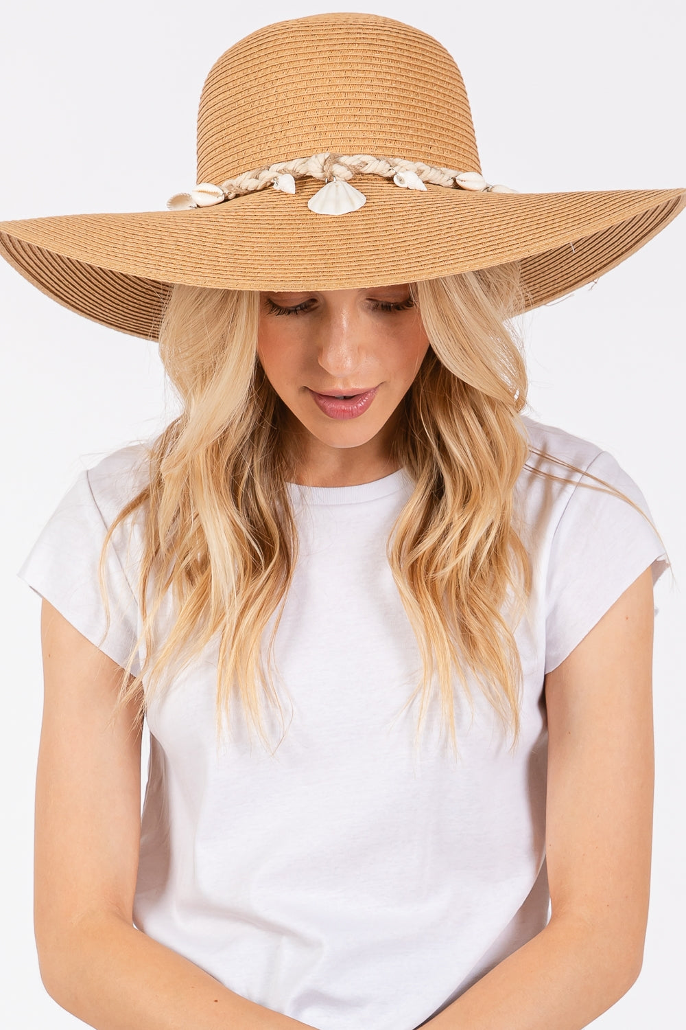 Wide Brim Straw Sun Hat with Shell and Conch Braided Band Taupe - Pack of 6