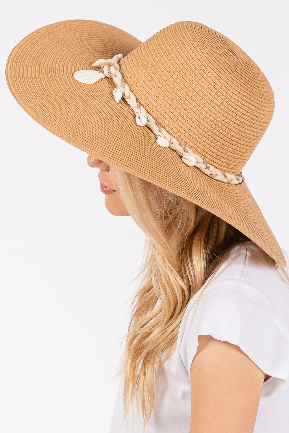 Wide Brim Straw Sun Hat with Shell and Conch Braided Band Taupe - Pack of 6