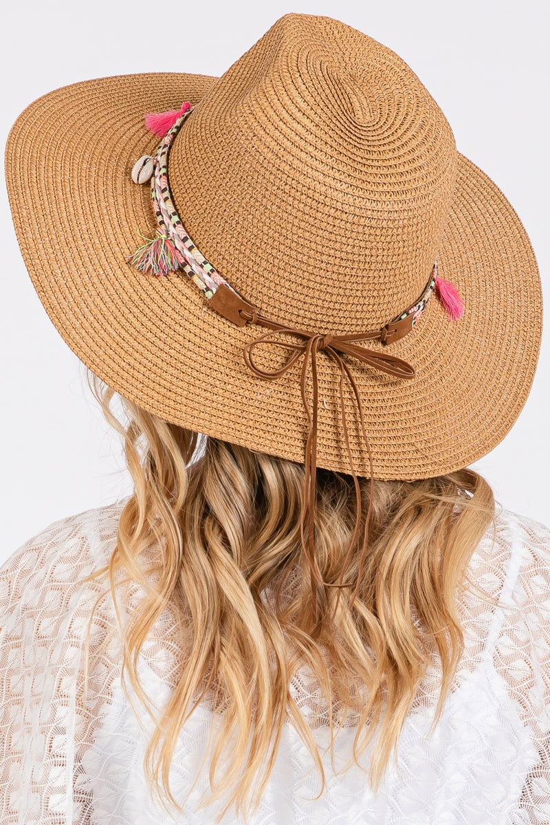 Boho Tassel Band Straw Sun Hat Taupe - Pack of 6