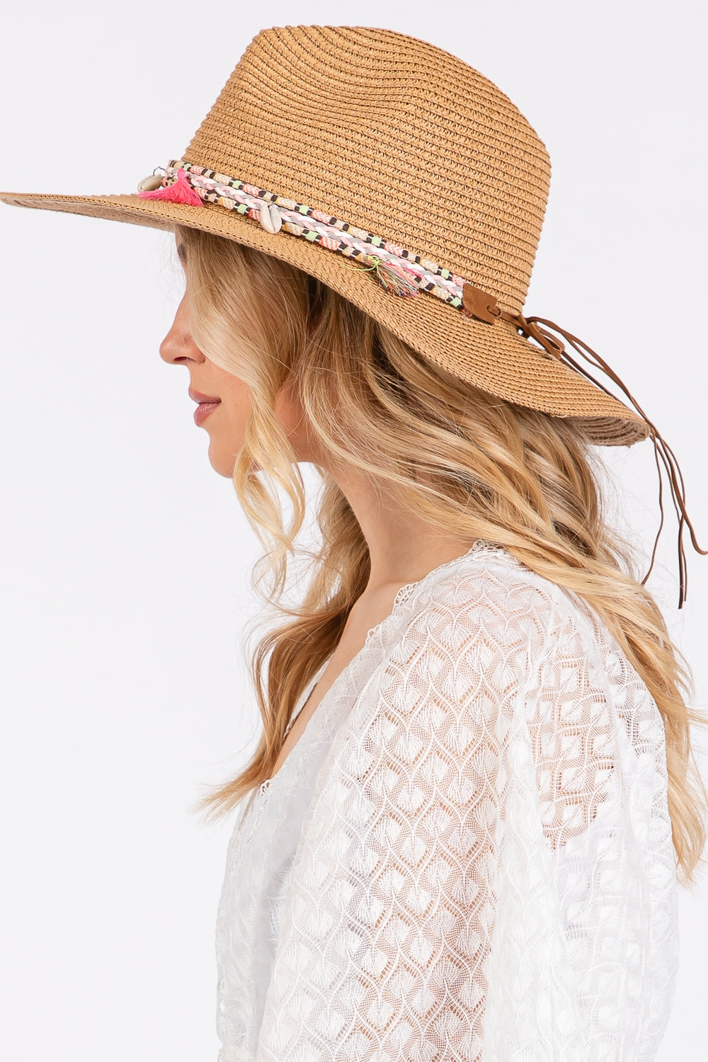 Boho Tassel Band Straw Sun Hat Taupe - Pack of 6