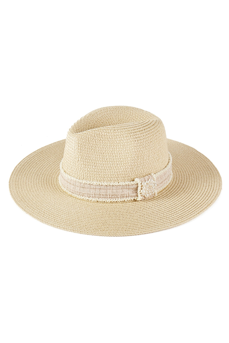 Tweed and Pearl Band Straw Sun Hat Beige - Pack of 6