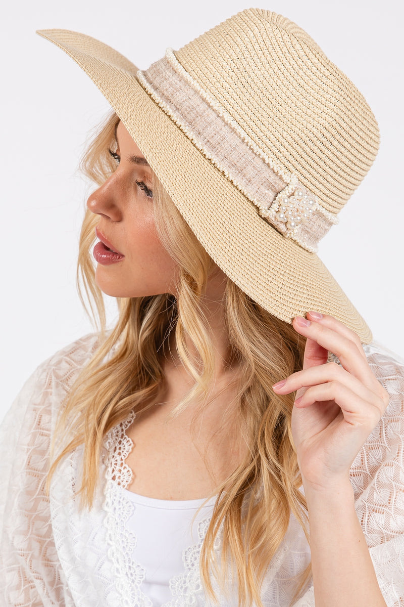 Tweed and Pearl Band Straw Sun Hat Beige - Pack of 6