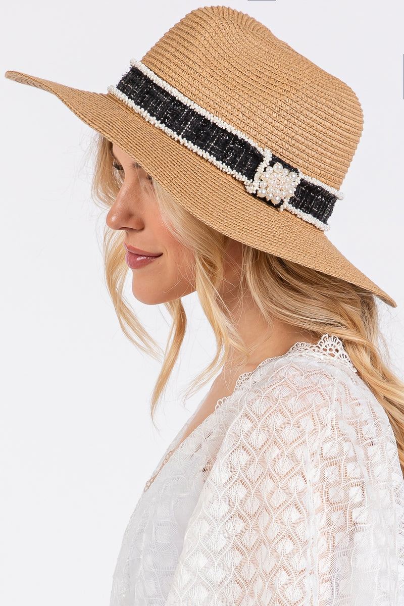 Tweed and Pearl Band Straw Sun Hat Taupe - Pack of 6