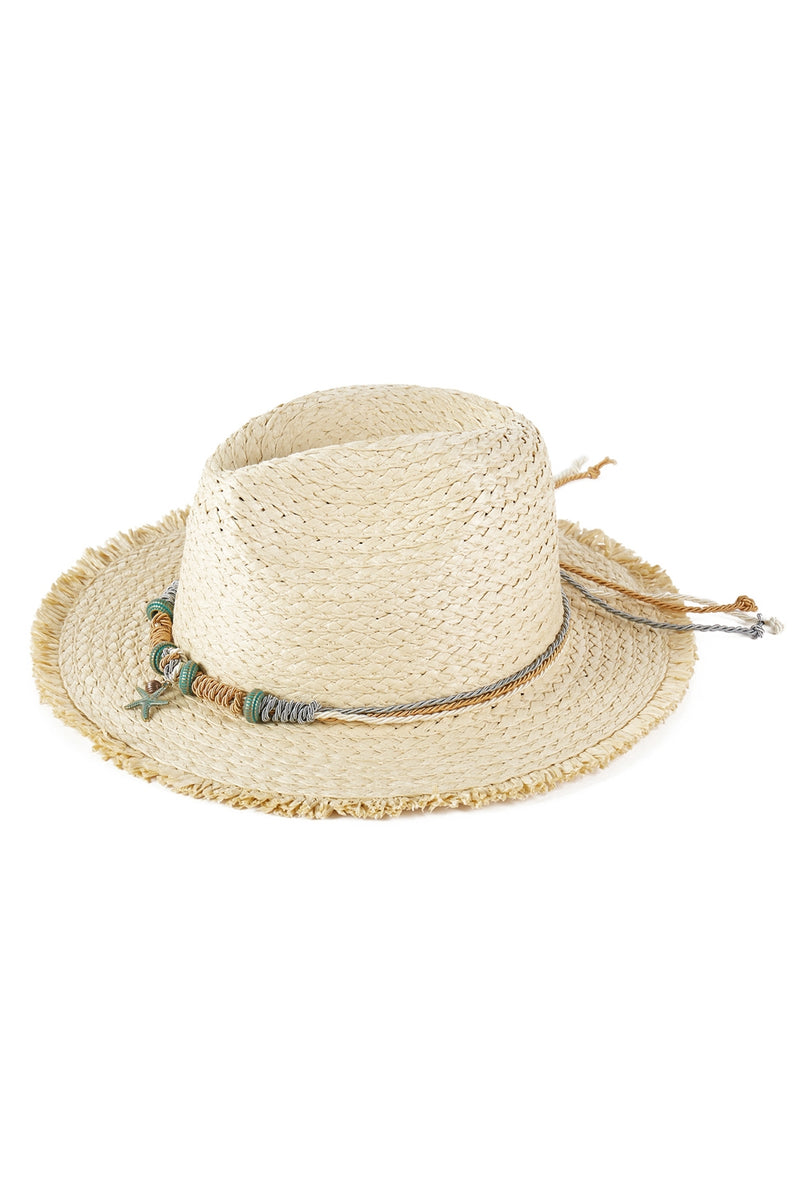 Frayed Straw Sun Hat with Braided Starfish Band Beige - Pack of 6