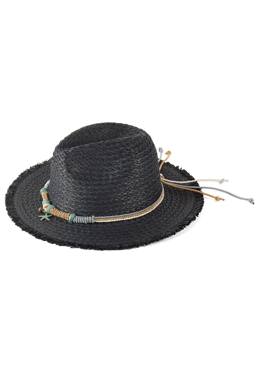 Frayed Straw Sun Hat with Braided Starfish Band Black - Pack of 6