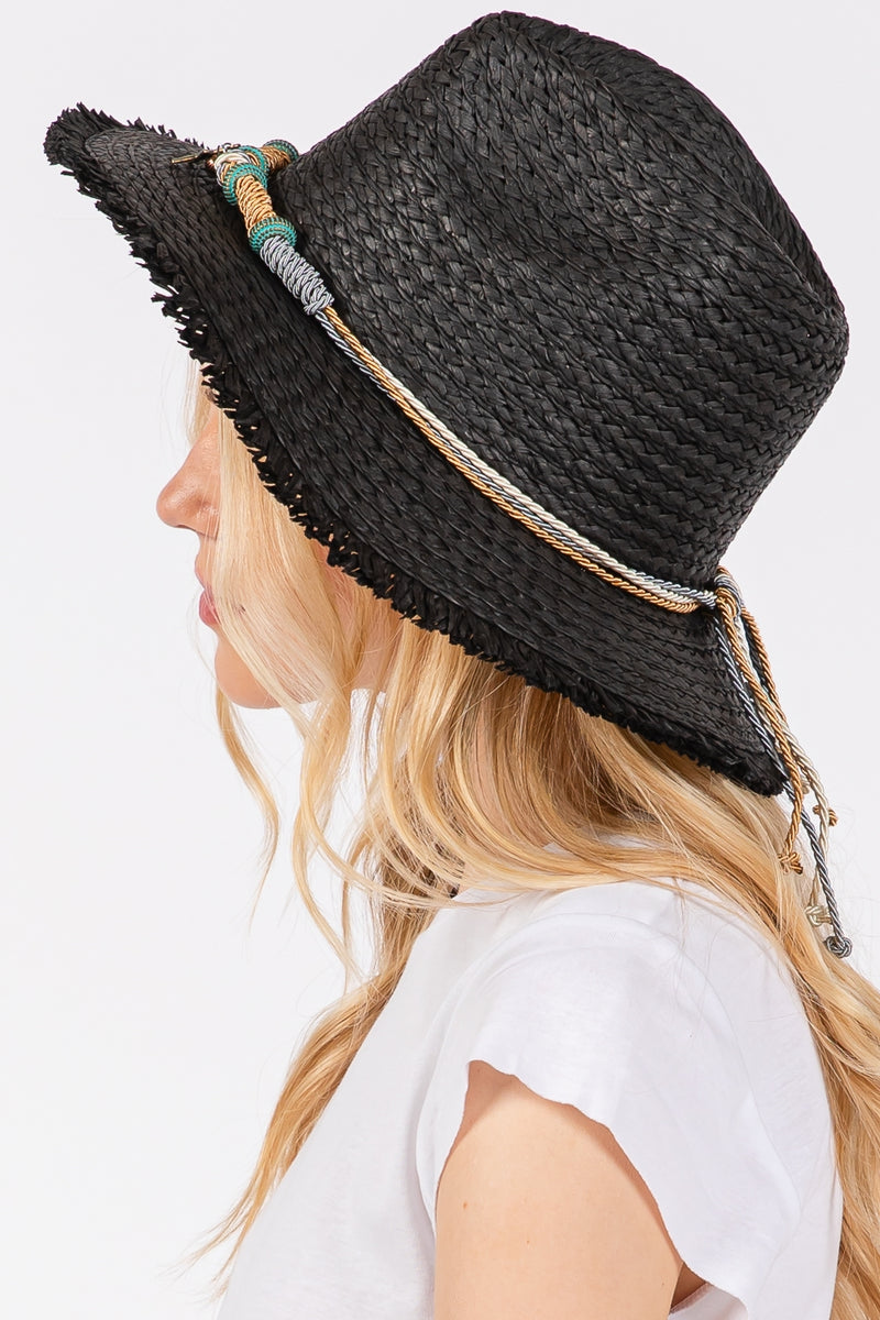 Frayed Straw Sun Hat with Braided Starfish Band Black - Pack of 6