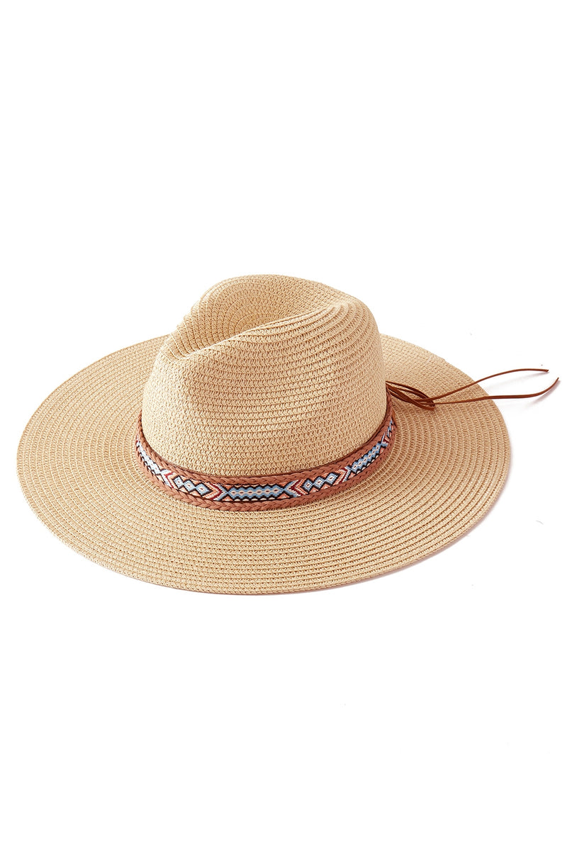 Woven Boho Band Straw Sun Hat Beige - Pack of 6