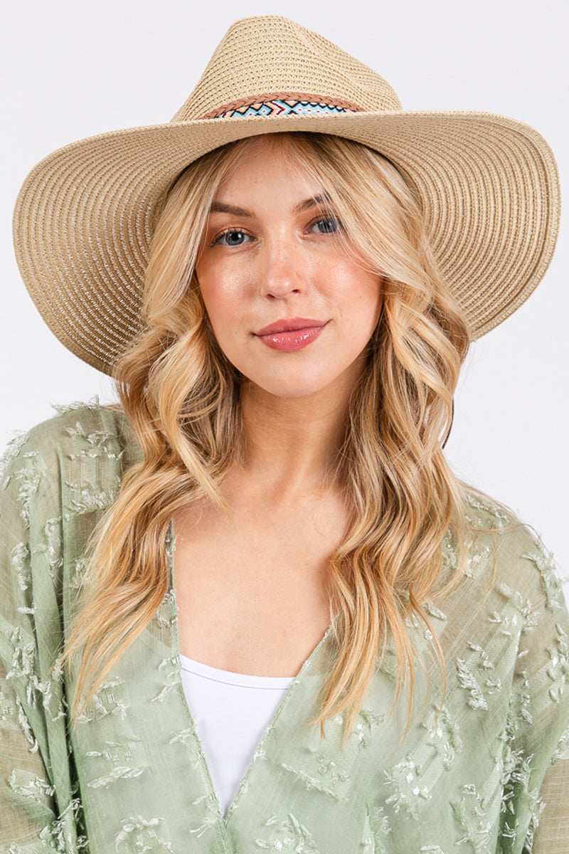 Woven Boho Band Straw Sun Hat Beige - Pack of 6