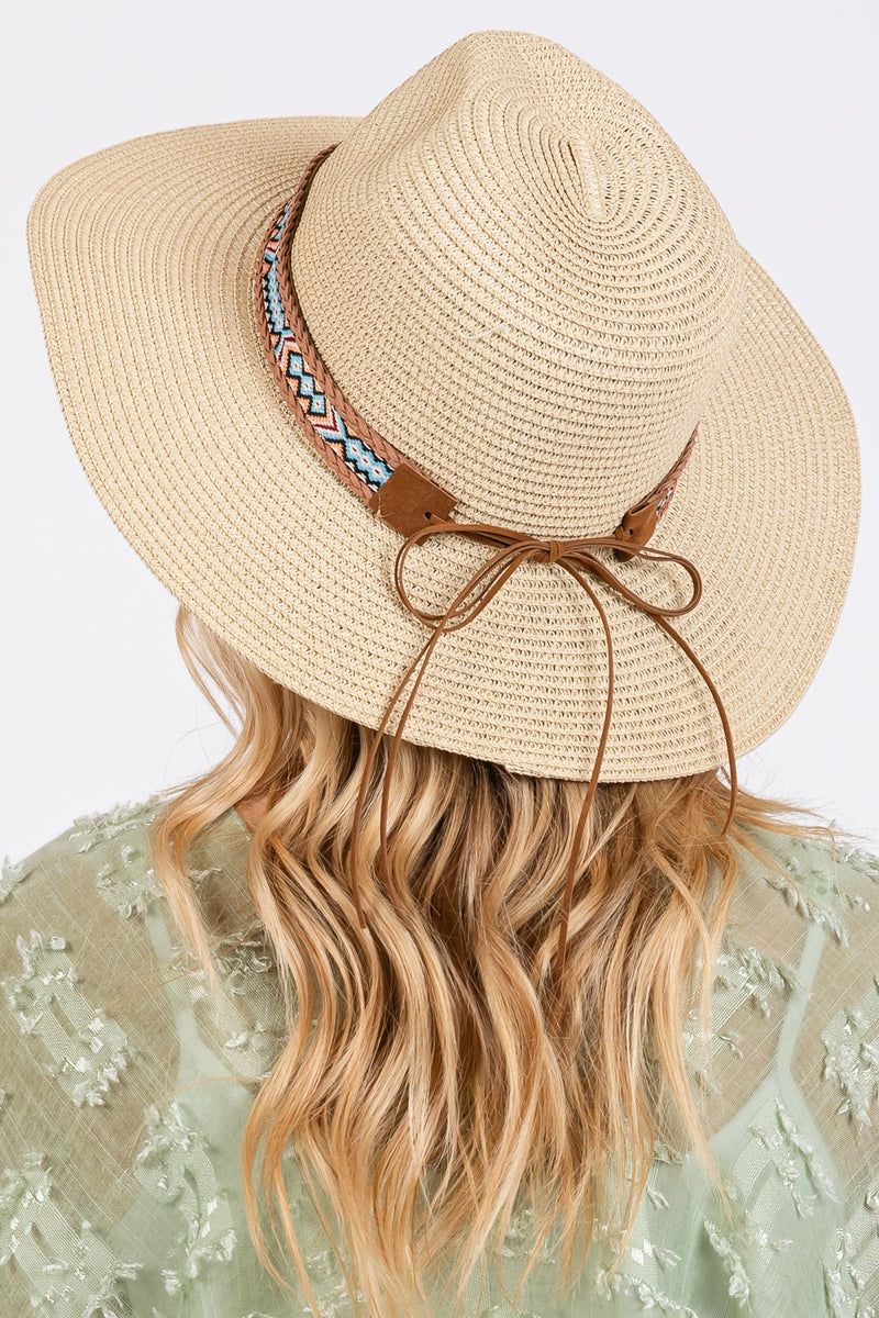 Woven Boho Band Straw Sun Hat Beige - Pack of 6