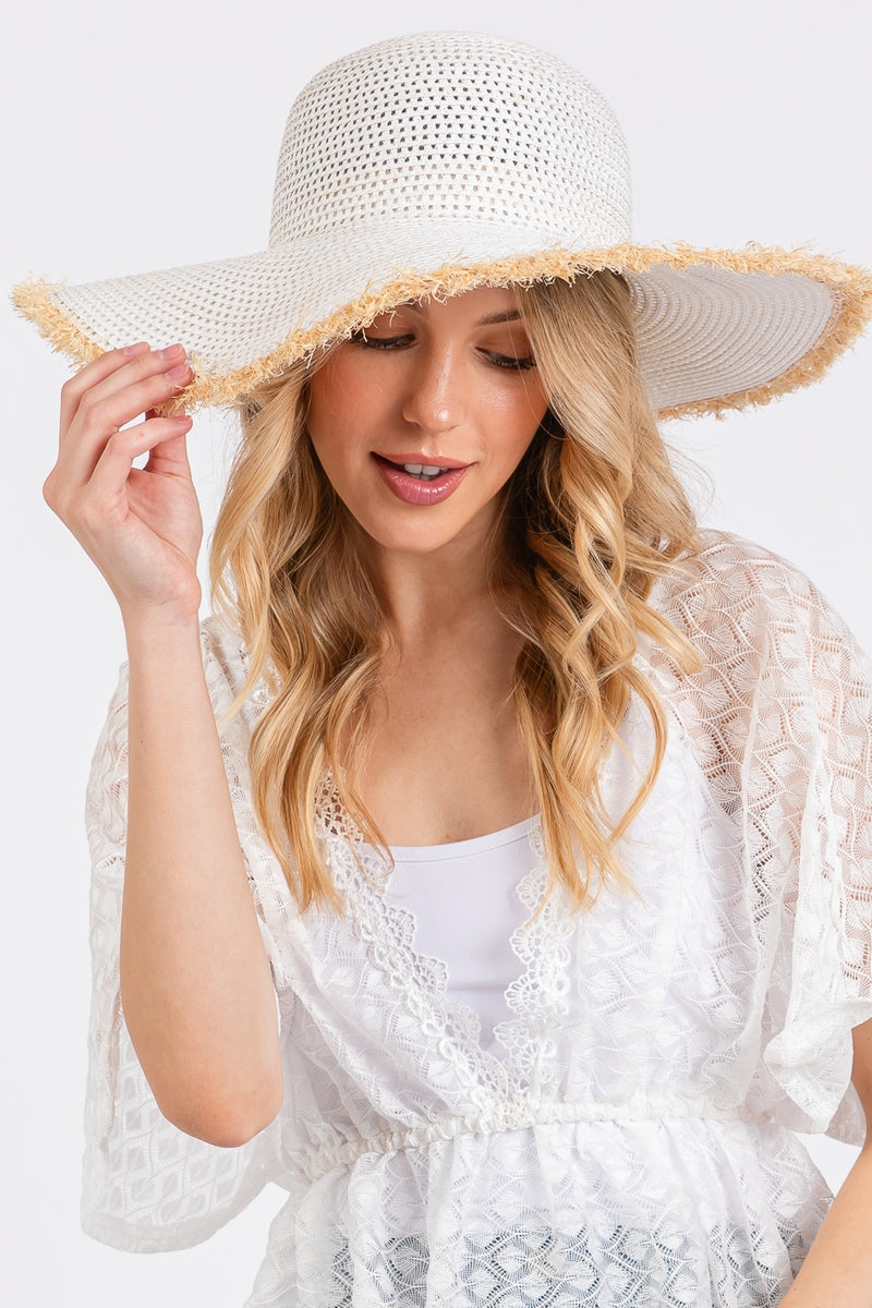 Frayed Edge Floppy Straw Hat White - Pack of 6