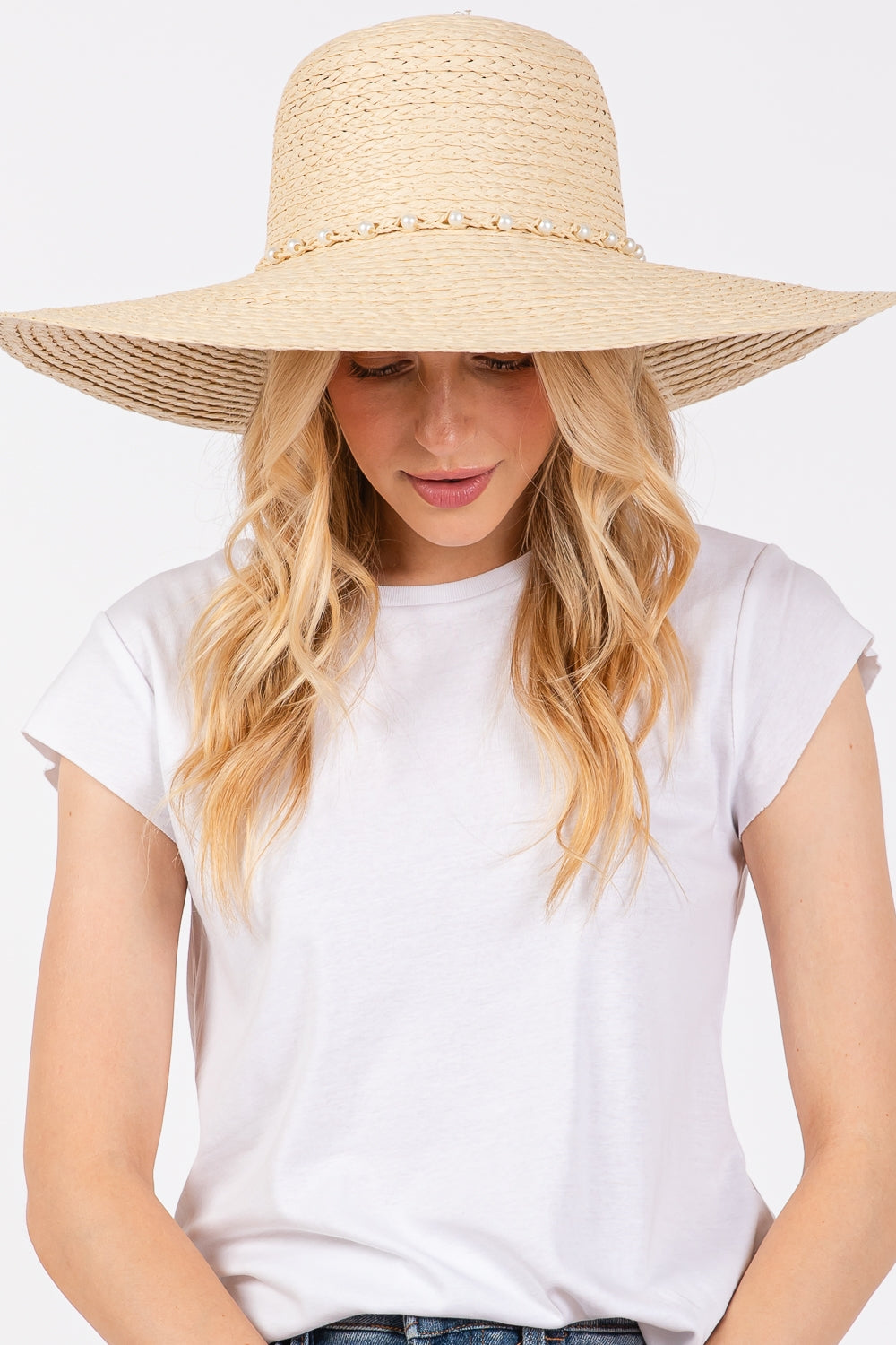 Braided Pearl Band Wide Floppy Sun Hat Beige - Pack of 6