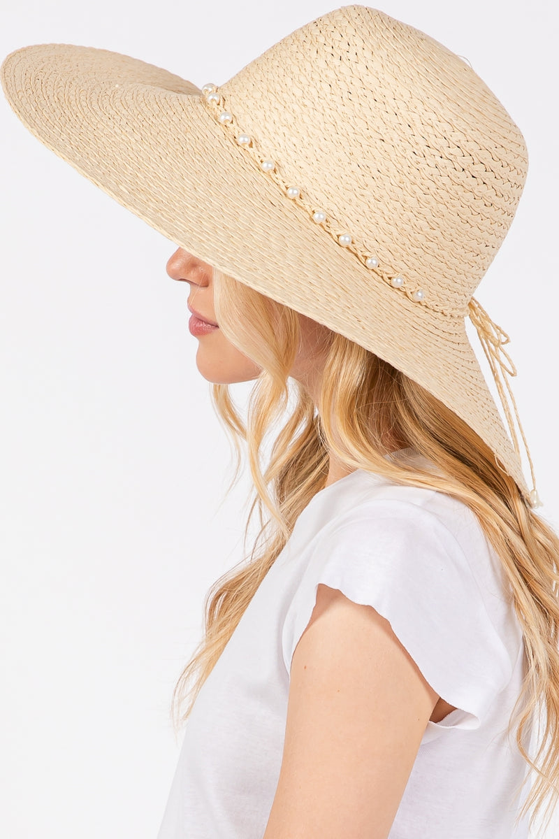 Braided Pearl Band Wide Floppy Sun Hat Beige - Pack of 6