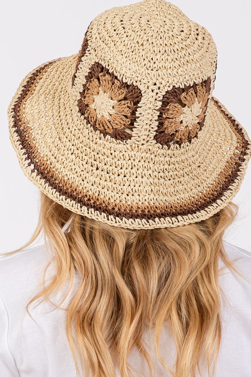 Floral Crochet Straw Bucket Hat Beige - Pack of 6