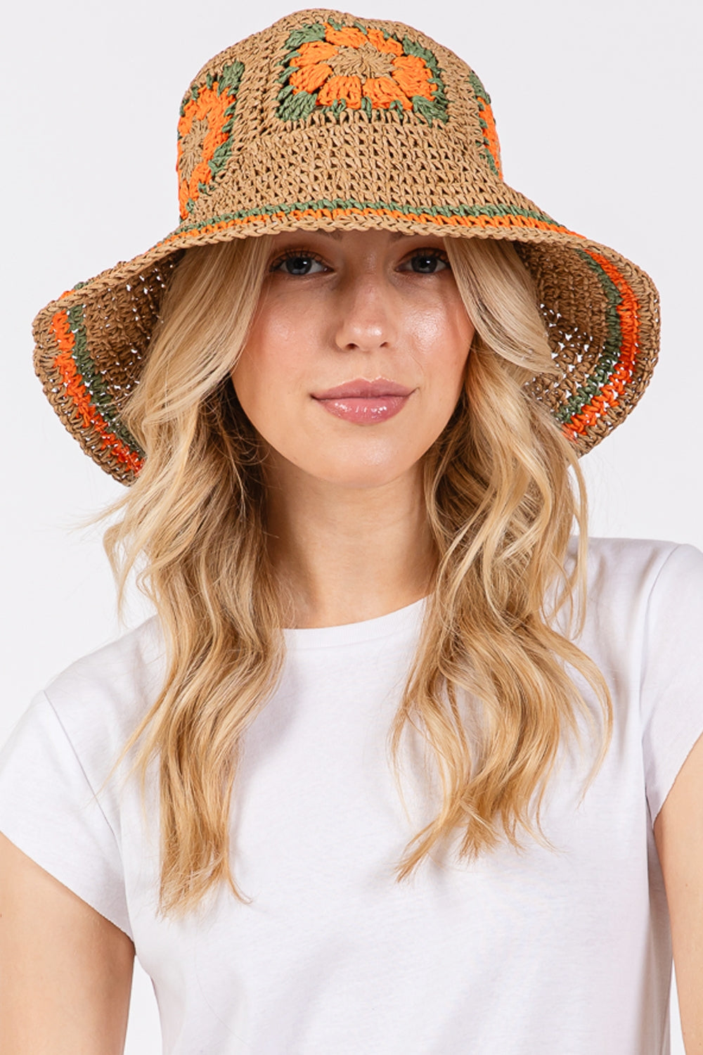 Floral Crochet Straw Bucket Hat Olive - Pack of 6