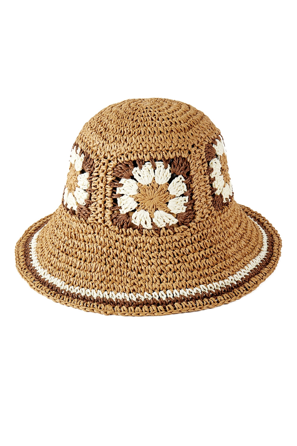 Floral Crochet Straw Bucket Hat Taupe - Pack of 6