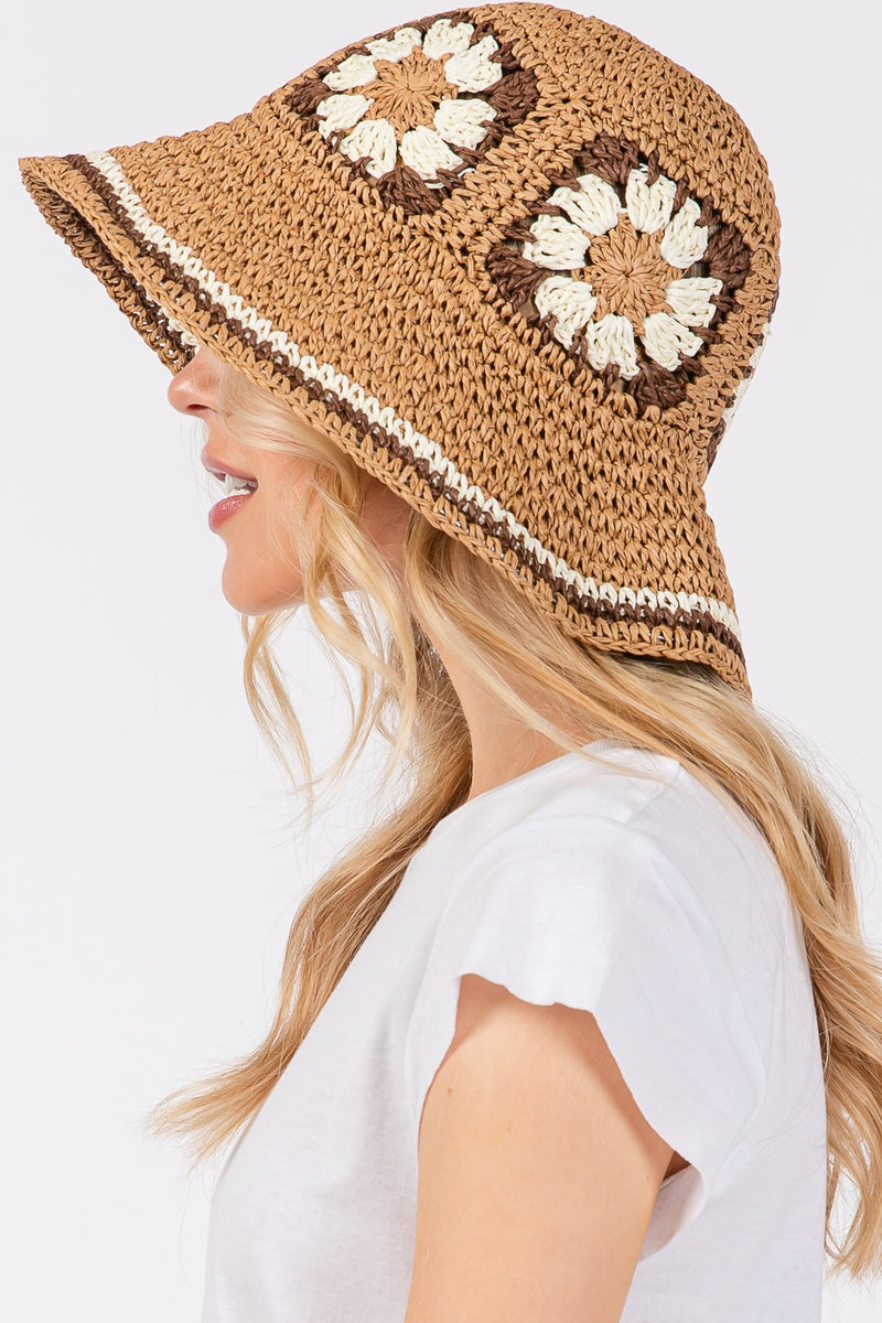 Floral Crochet Straw Bucket Hat Taupe - Pack of 6