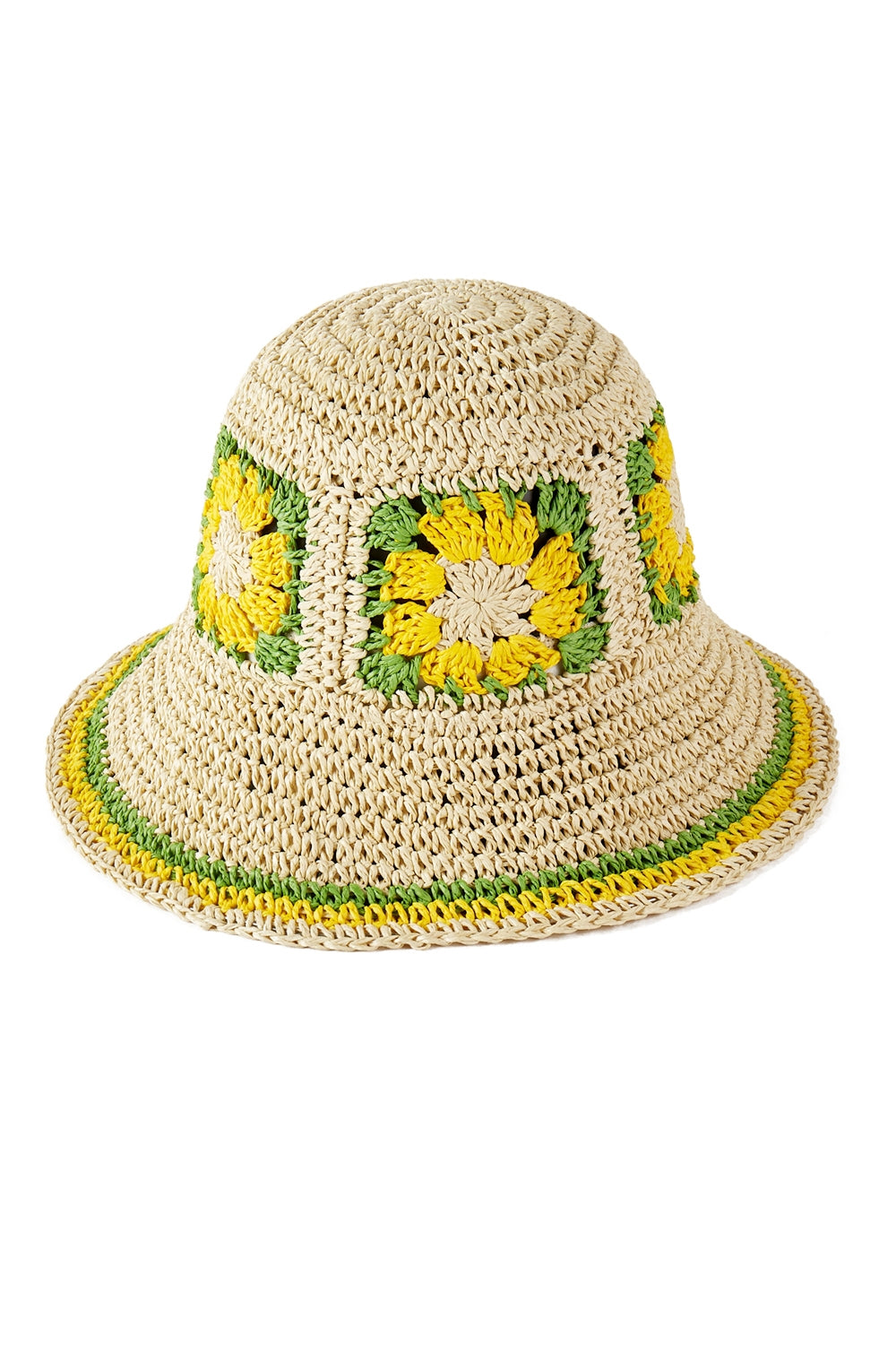 Floral Crochet Straw Bucket Hat Yellow - Pack of 6