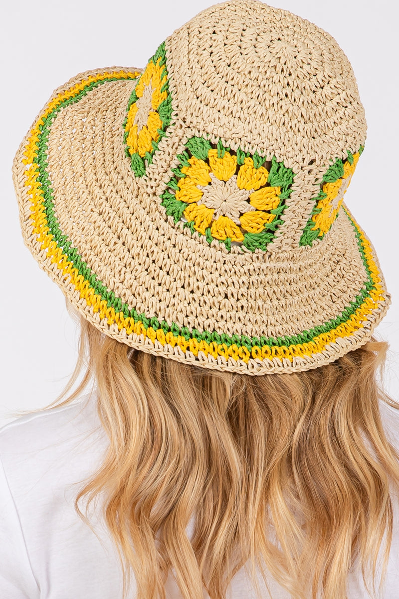 Floral Crochet Straw Bucket Hat Yellow - Pack of 6