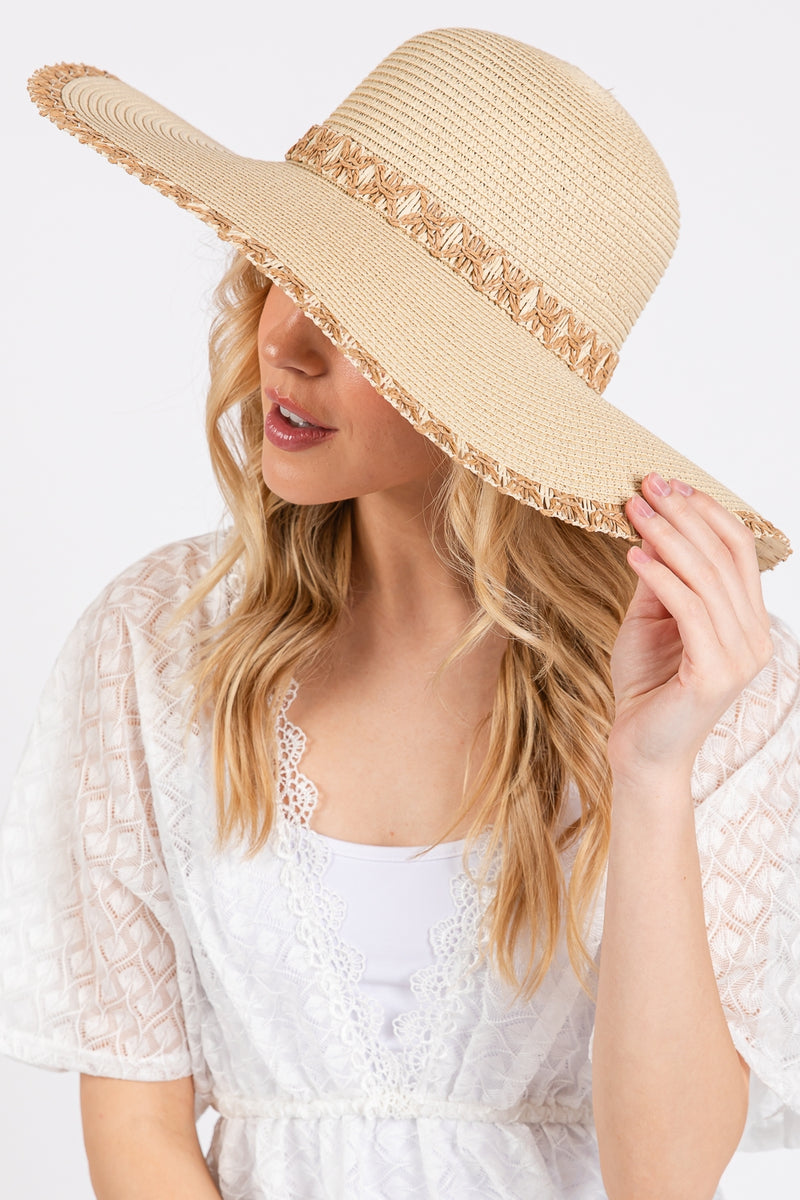 Edge and Woven Detail Wide Brim Floppy Straw Hat Beige - Pack of 6