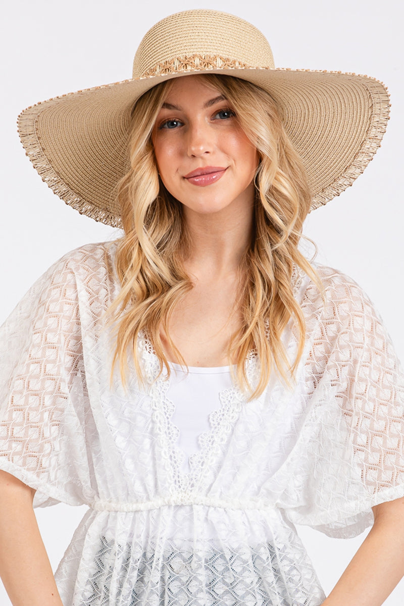 Edge and Woven Detail Wide Brim Floppy Straw Hat Beige - Pack of 6