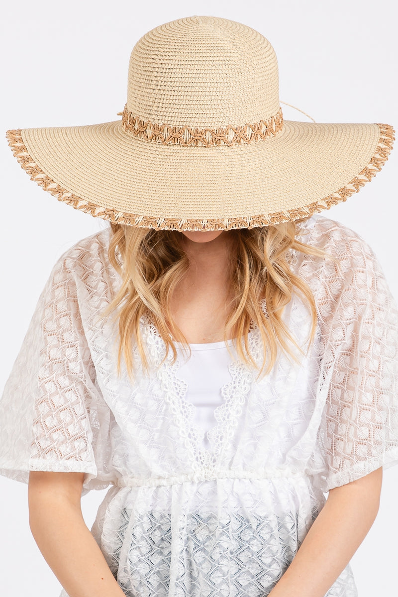 Edge and Woven Detail Wide Brim Floppy Straw Hat Beige - Pack of 6