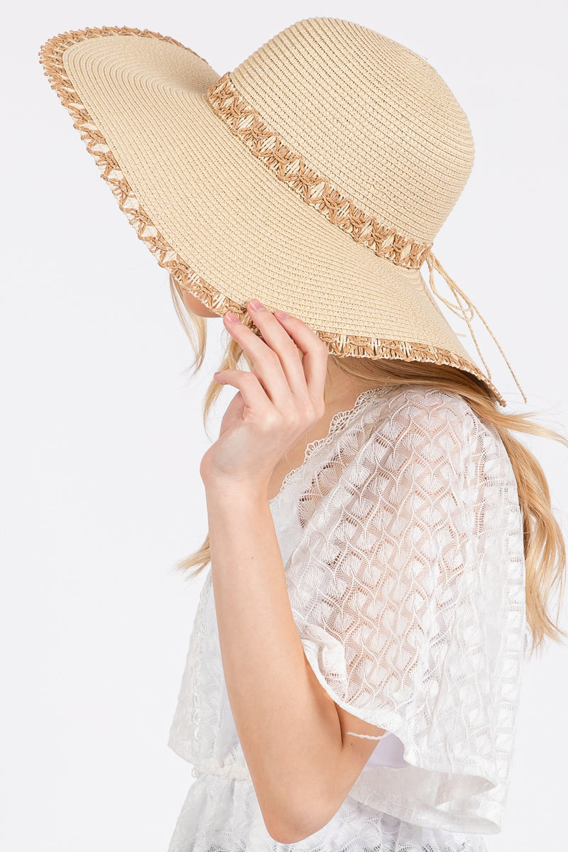 Edge and Woven Detail Wide Brim Floppy Straw Hat Beige - Pack of 6