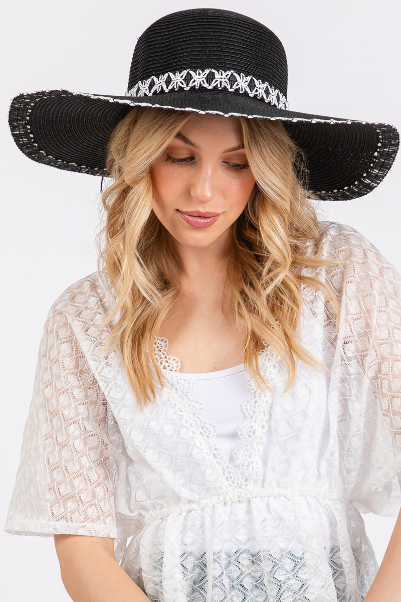 Edge and Woven Detail Wide Brim Floppy Straw Hat Black - Pack of 6