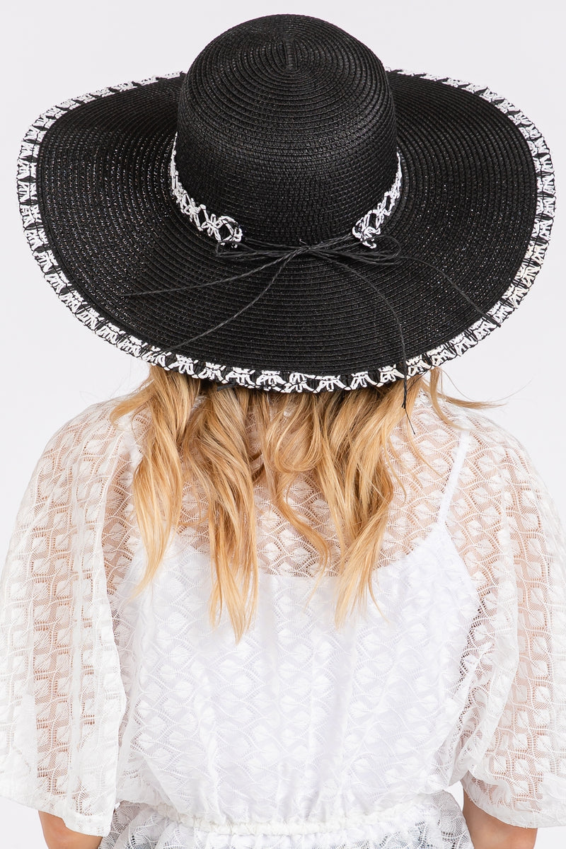 Edge and Woven Detail Wide Brim Floppy Straw Hat Black - Pack of 6