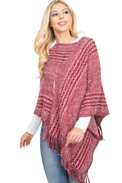 Striped Knit Tassel Poncho Red - Pack of 6