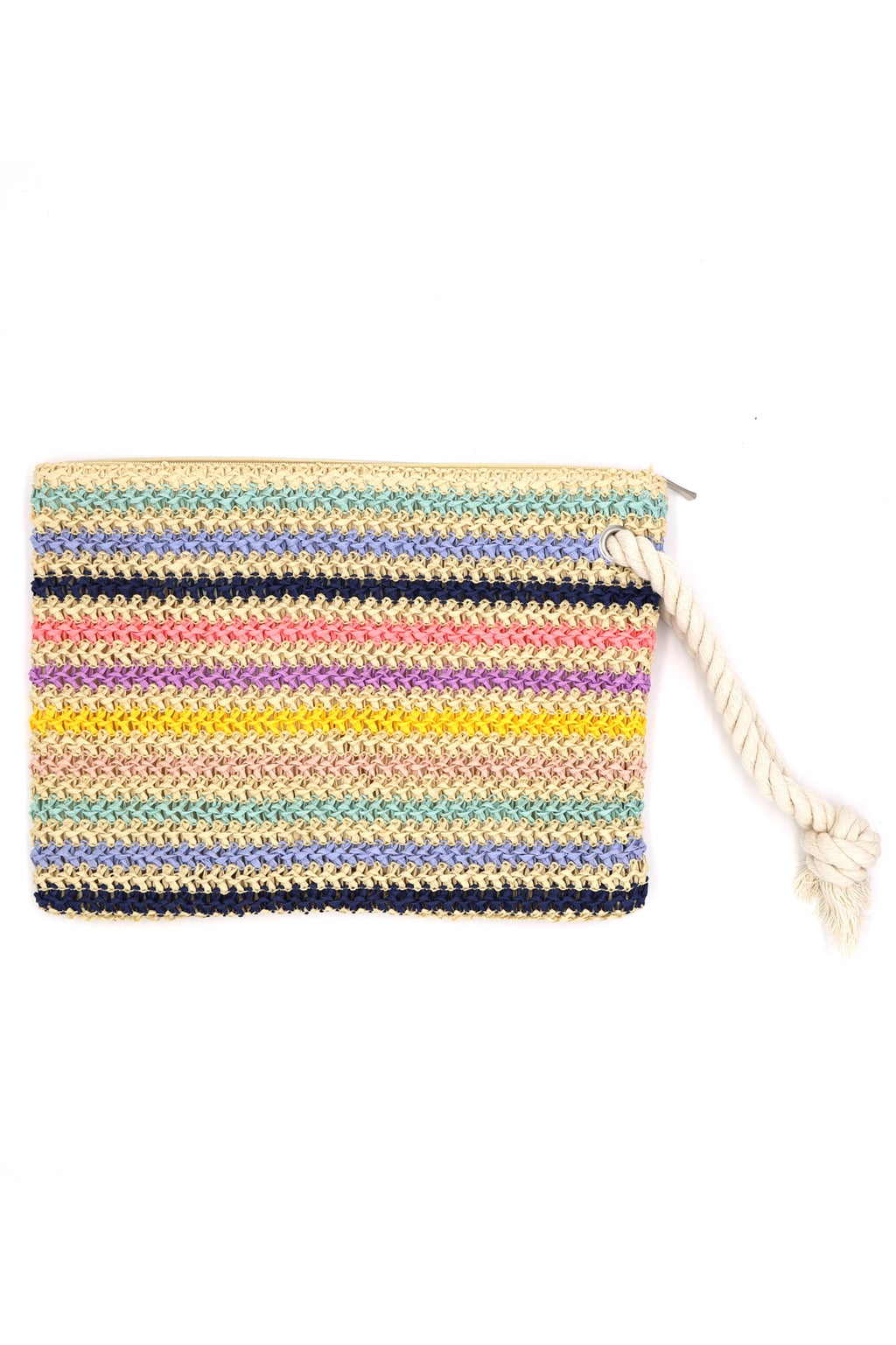 Rope Handle Multicolor Striped Straw Crochet Pouch with Zipper Closure and Inner Pocket Blue - Pack of 6