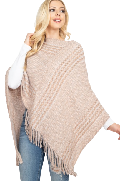 Striped Knit Tassel Poncho Taupe - Pack of 6