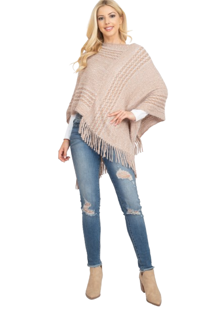 Striped Knit Tassel Poncho Taupe - Pack of 6