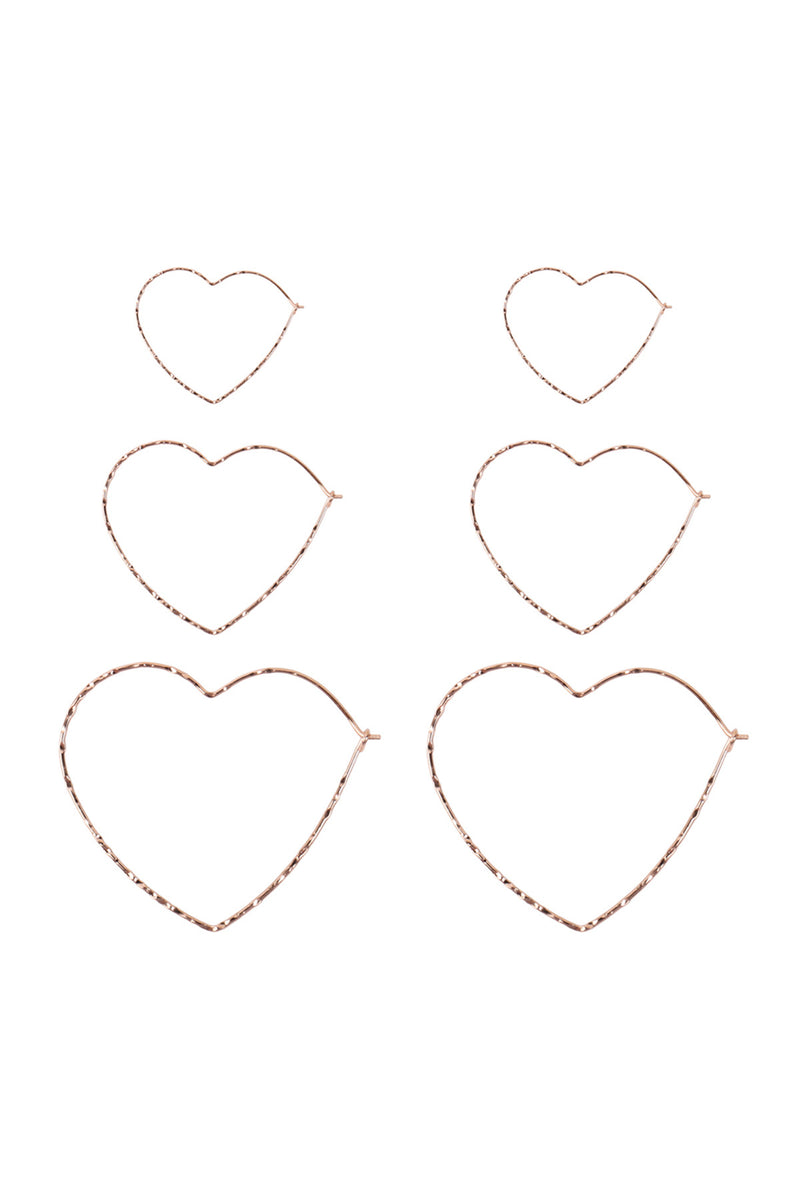 Rose Gold 3 Pairs on a Card Hammered Heart Hoop Earrings Set - Pack of 6