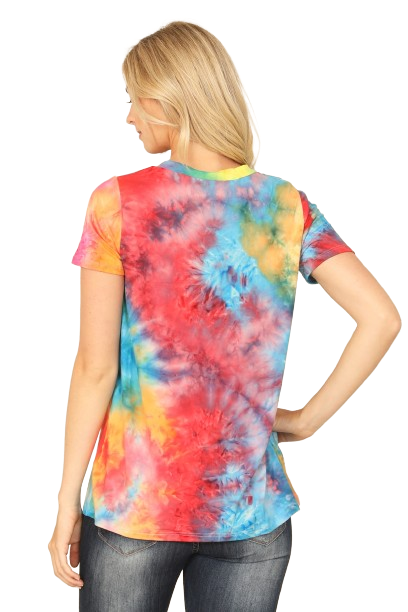 V-Neck Short Sleeve Tie Dye Top Aqua Tangerine Coral - Pack of 7