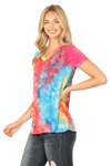 V-Neck Short Sleeve Tie Dye Top Aqua Tangerine Coral - Pack of 7