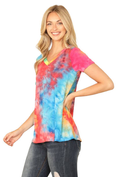 V-Neck Short Sleeve Tie Dye Top Aqua Tangerine Coral - Pack of 7