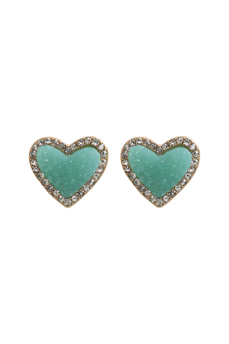 Valentine Heart Druzy with Rhinestone Post Earrings Aqua - Pack of 6