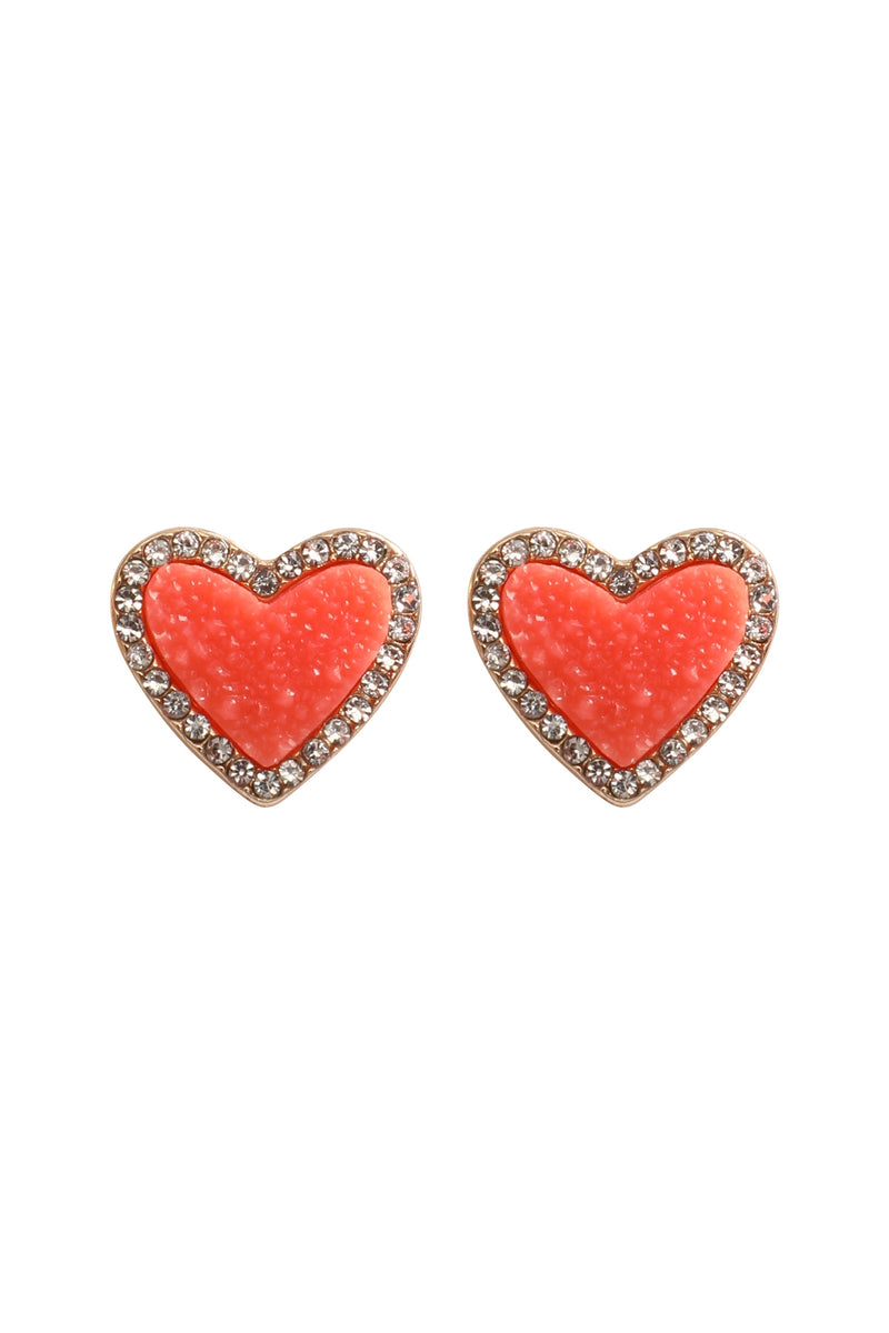 Valentine Heart Druzy with Rhinestone Post Earrings Coral - Pack of 6