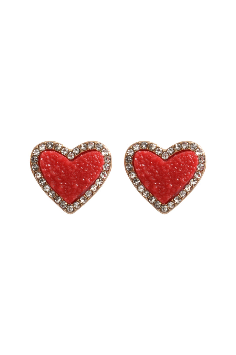 Valentine Heart Druzy with Rhinestone Post Earrings Dark Red - Pack of 6