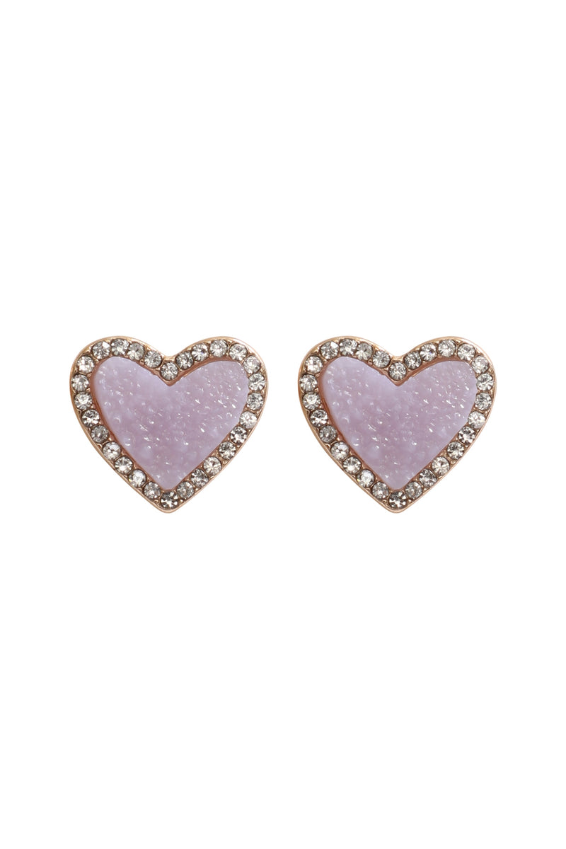 Valentine Heart Druzy with Rhinestone Post Earrings Lavender - Pack of 6