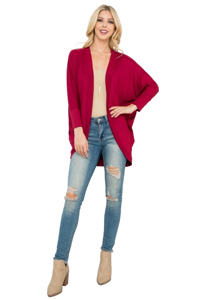 Solid Dolman Sleeve Open Cardigan with Side Pocket Wine - Pack of 4